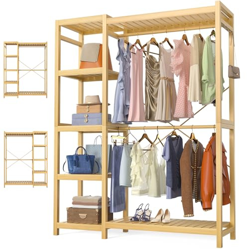 Homykic Bamboo Clothes Rack Garment Rack for Hanging Clothes, Heavy Duty Clothing Rack with 7 Tiers Adjustable Shelves, Double Rods, 4 Hooks, Freestanding Closet System Organizer Wardrobe, Natural