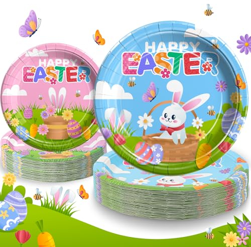 Duocute Happy Easter Bunny Party Paper Plates 40 Counts, 23cm(9inch) and 18cm(7inch) Easter Colorful Eggs Rabbit Disposable Paper Dishes Dinner Dessert Paper Plates for Kids Holiday Party-20 Guests