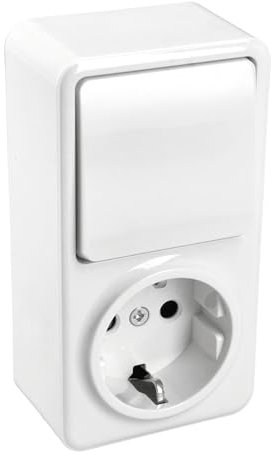 Jandei - Mecanismo Superficie Policarbonato Blanco, 10A 250V (Interruptor 2 circuitos + Enchufe Schuko)