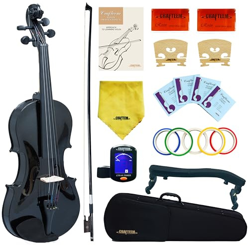 Crafteem 1/2 Fiddle Black Colored Premium Violin Outfit for Beginners Adults Kids With 5 Color Fingering Tape- Handcrafted Student Beginner Violin.(Black, 1/2)