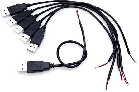 JZK 6 Stück 2-adriges USB 2.0-Kabel, USB-Stecker, 30 cm, 2 abisolierte Kabelenden zum Löten und Schweißen, USB-Kabelrate 12 V, 3 A
