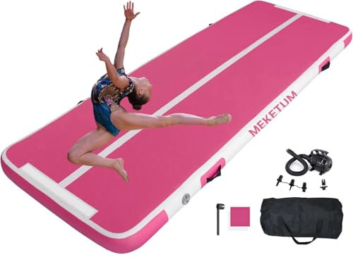 MEKETUM Air Tumble Track Gymnastic Mat 6.6ft 10ft 13ft 16ft 4/8 Inch Thickness Inflatable Gym Tumbling Floor Mats with Air Pump for Home Use/Cheerleading/Yoga/Dance/Water Fun
