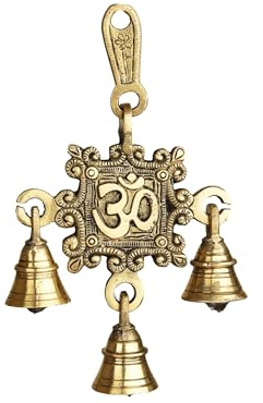 3 Bells Brass Single Om Hanging Hindu Statue for Home Temple Use Statue Hindu Idols Figure with Hanging Bells Unique for Door Wall Home Traditional Festival Decoration (Size :- 7 Inches X 4 Inches)
