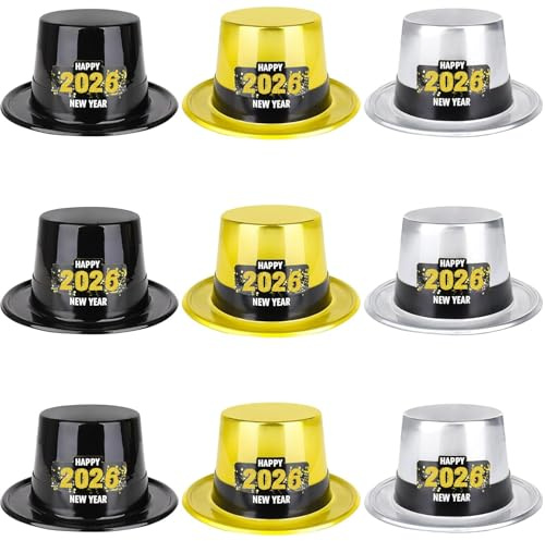 WNFWYE 2026 partyhatt nyår nyårsafton, 9 stycken festhattar, guld svarta silverhattar med skrift Gott Nytt År, Gott nytt år