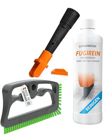 FUGINATOR® Trio mit Fugenbürste in grau/grün, EU-Adapter & Fugenreingier 250 ml – Fugenreinigung im Stehen für Fliesen, WC, Bad etc. Geeignet für Silikon Fugen. Bürste mit harten Borsten