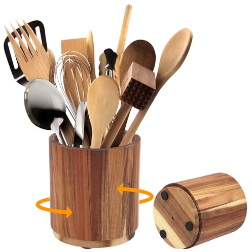 Soporte de Madera para Utensilios de Cocina, Bote Utensilios Cocina Madera, Organizador de Utensilios de Madera, Organizador Utensilios Acacia de Giratorio de 360°, Porta para Utensilios de Cocina