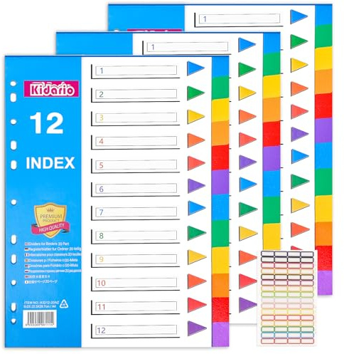 File Dividers A4, 3 Pack 12 Part Folder Dividers Coloured Plastic A4 Dividers with Sticky Notes for Lever Arch Files Ring Binders Office School Index Dividers