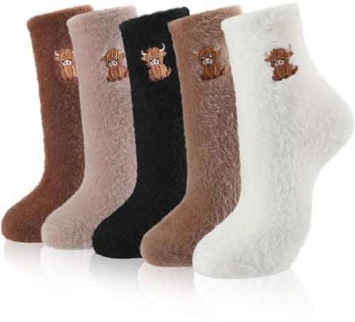 ZenithBurst 5 paires de chaussettes douillettes femmes chaussettes duveteuses chaussettes épaisses chaussettes animal highland cow cadeau pour femme Noël