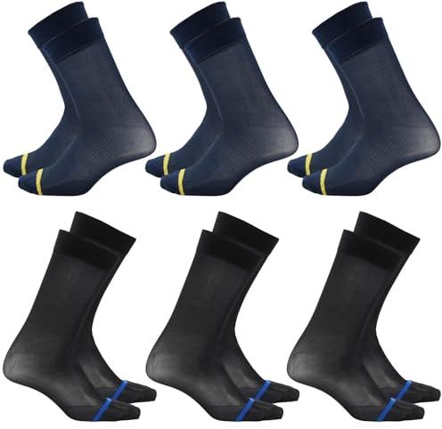 HMIEPRS 6Pairs Men's Socks, Thin Silk Dress Socks | Male Sheer Socks with Stripes, Mens Business Formal Work Socks, Soft Nylon Calf Socks, Size 4-15 Uk, Black And Navy