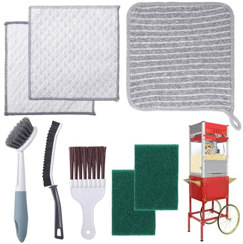 XANGNIER Popcorn Machine Cleaning Kit Accessories-8Pcs Multi-Functional Cleaner Set with Long-Handled Brush,Crevice Brush & Oil-Absorbing Cloth for Deep Clean of Popcorn Popper,Hot Pot & Glass Door