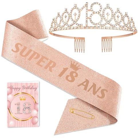 Toctax Couronne et Écharpe 18 Ans avec Carte - Cadeau Anniversaire Femme Fille, Accessoires Déco pour Fêter les 18 Ans - Idéal Cadeau pour un 18e Anniversaire