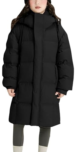 Cappotti lunghi invernali da ragazza con cappuccio parka per bambini caldo piumino per adolescenti lunghezza media impermeabile antivento piumino vestiti isolati capispalla, Nero , 13-14 Years