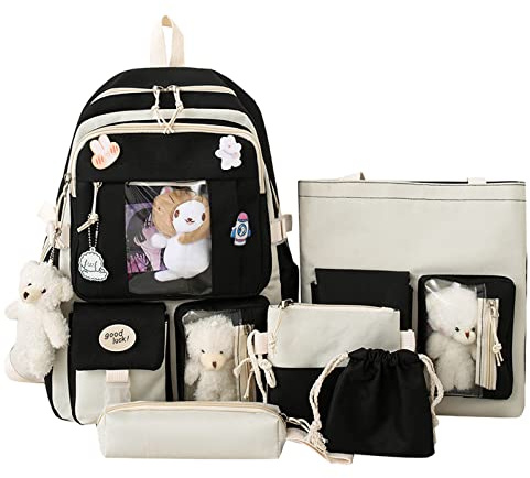 5 skolstart säsong mode kvinnor flicka student skolväska kanvas hänge ryggsäck väska crossbody väska pennväska ficka modulär ryggsäck laptop, Svart, en storlek