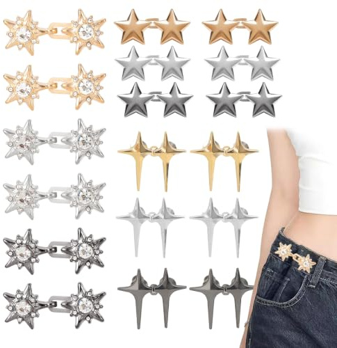 Ruiunchu 18 Pairs Star Waist Tightener Clips,No-Sew Metal Waistband Tightener,Reusable Pin Theory Waist Adjuster for Loose Trouser Dresses Skirts Sweaters Hats Accessories