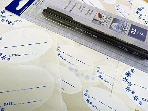 50x25mm & 75x50mm Oval Self-Stick Deep Freeze, Freezer Labels (Plus A Permanent Marker Pen), Stickers for Frozen Food Packaging