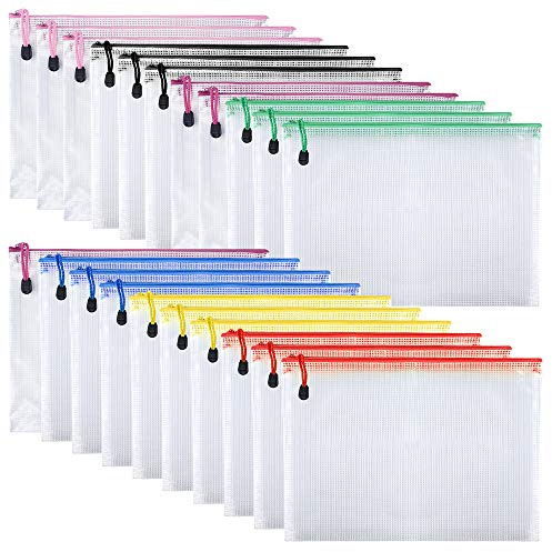 TUPARKA 21 piezas A5 Bolsillos con cremallera Carteras de documentos de malla de plástico para cosméticos Suministros de oficina Accesorios Colores mezclados