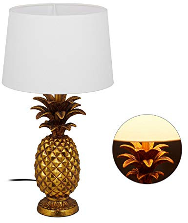 Relaxdays Lámpara de mesa con forma de piña, Pantalla textil, E27, Decorativa, 54 x 30 cm, 1 Ud., Dorada
