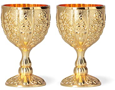2 Stück Vintage Kelch Becher, 4,2x6,8cm Metall Mittelalterlicher Kelch, Handgemachte Golden Geprägte Weingläser, Persönliche Sammlung für Küche Zuhause Bar Party Hochzeits Weihnachtendekoration(A)