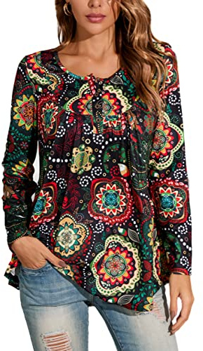 Enmain Tunica Casual da Donna Top Floreale Manica Lunga Pieghettato da Donna Top Altalena Camicetta Allentata Bottoni Up Scollo a V Tunica T Shirt Taglie Forti per Donna Nero M