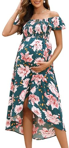 Clearlove damer sommar mammaklänning kortärmad A-linje amningsklänning casual tryck gravida klänningar graviditetsklänning, Grön, S