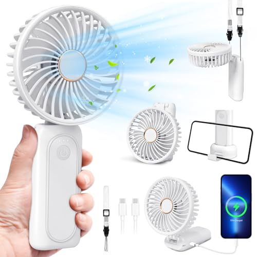 Mini Ventilateur Portatif a Main, Ventilateur de Poche USB Rechargeable avec Batterie Externe 3600mAh, Silencieux Ventilateur de Bureau Portatif à 3 Vitesses avec Base Pour Maison Extérieur Voyage