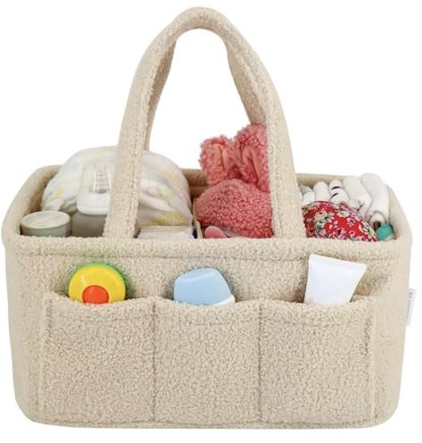 YelloIris Baby Diaper Caddy Organizer - Soft Beige Sherpa Diaper Storage Bag | Nursery Organizer with 3 Removable Compartments & 6 Side Pockets - Portable Baby Organizer for Diapers,Wipes & Essentials