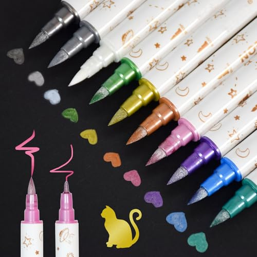 Marte Vanci Metallic Marker Stifte, 12 Farben Dual Tip Metallischen Stift Pens Set für Schwarzes Papier Fotoalbum Scrapbook Gästebuch Karte Stein Glas Holz