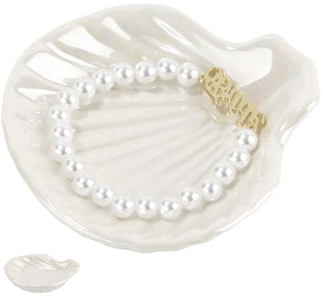 PEUTIER Porta Anelli a Conchiglia, 10,7x10x2,5cm Vassoio Estetico in Ceramica per Gioielli Piatto Portaoggetti a Conchiglia Ciotola per Orecchini Collane Chiavi (Bianco Perla)