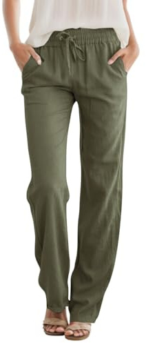 JEKAOYI Womens High Waist Casual Pants Drawstring Straight Leg Vacation Comfy Lounge Pocket Linen Trousers Grey Green