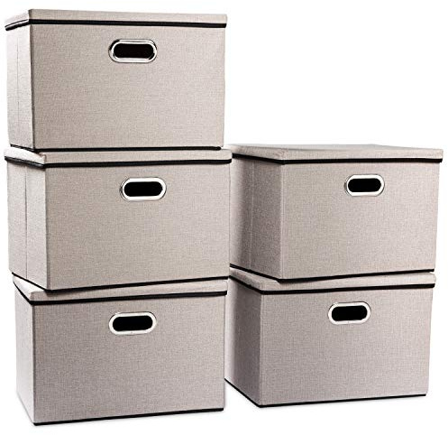 Prandom Caja de almacenamiento grande plegable con tapa[Paquete de 5],cajas almacenaje decorativas,Contenedor organizador de lino con asa,Gris Claro(43x30x30cm)