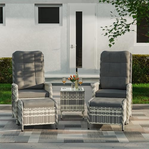 Gotland Garden Patio Furniture Sets, 2026 Upgrate Luxury Furniture Set with 2 Adjustable Backrest Chairs, 2 Stools, 1 Cofee Table, Upgrate ALL Weather-Resistant Rattan Furniture, Garden Grey
