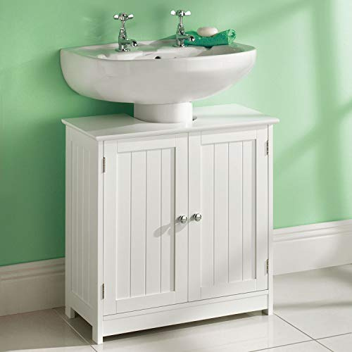 Taylor & Brown White Under Sink Bathroom Cabinet Storage Cupboard Organiser Free Standing Wooden Sink Storage Unit Basin with Shelf, 60cm x 30cm x 60cm