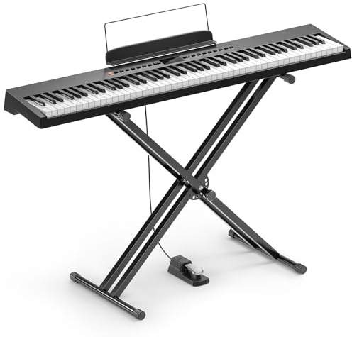 Donner DEP-05 Piano digital de 88 teclas con teclado semipesado sensible a la velocidad, teclado eléctrico portátil con soporte en X desmontable y pedal para principiantes, USB-MIDI inalámbrico, negro