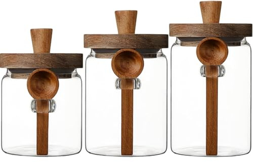 Mekdcaao Barattoli in vetro con coperchio in legno e cucchiaio, contenitori per alimenti, barattoli per spezie, tè, caffè, zucchero, organizer da cucina (B)