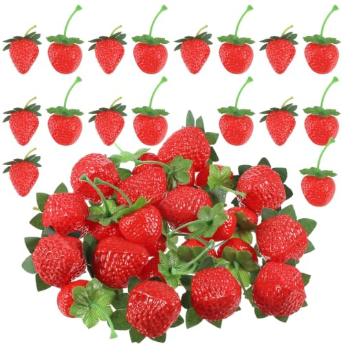 Skrfren 24 Pcs Fake Strawberry Artificial Red Strawberry Fake Fruit Strawberries Plastic Strawberries for Home Kitchen Party Decor Photography Prop (2 Size)