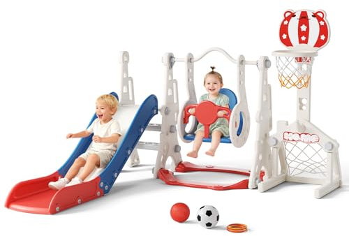 Tobogán Infantil 6 en 1 con Estructura para trepar, Canasta de Baloncesto y portería de fútbol – Set de tobogán de plástico para Interiores – Juguete Montessori (Azul/Rojo)