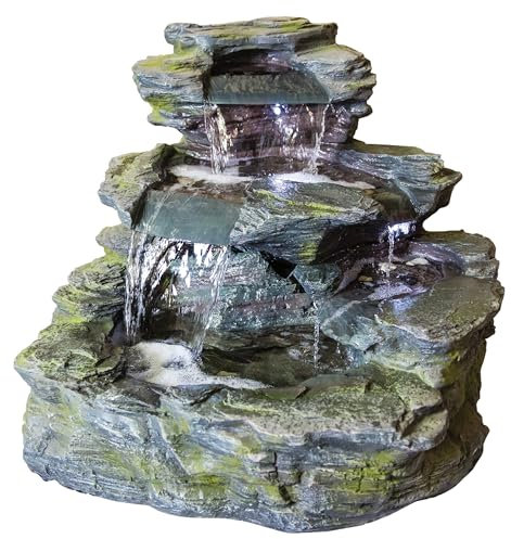 Easy Fountain Garda Falls Water Feature – Mains Powered, No Plumbing, Outdoor Garden Fountain with Recirculating Pump and LED Lights, Polyresin, Patio & Garden
