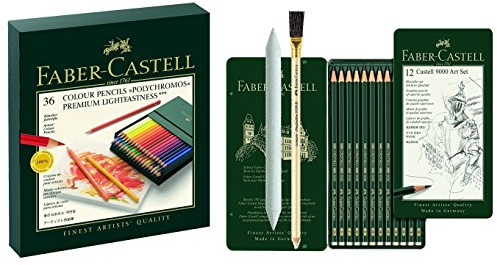 Art Set Faber-Castell 110038 - Farbstift POLYCHROMOS, 36er Atelierbox mit Faber-Castell 119065 - Bleistift CASTELL 9000, 12er, Inhalt 8B - 2H mit Estompe und Radierstift