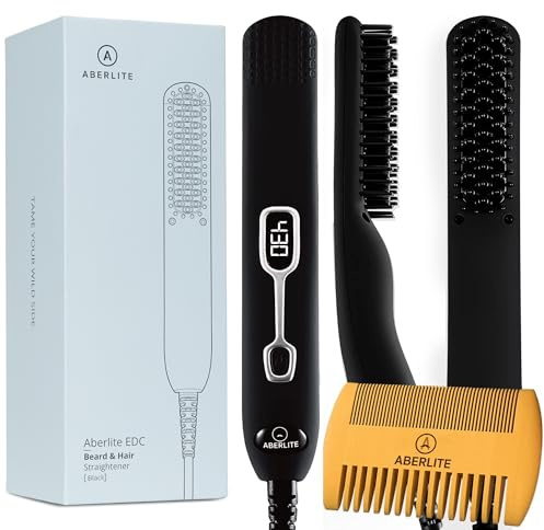 Aberlite EDC - Men's Professional Heated Beard Straightening Brush and Grooming Tool (for 0.5 inch plus Beards) (Black)