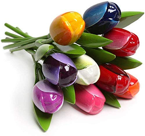 MomoMoments Holztulpenstrauß, Holzblumen, Holzdekoration, Holz-Kunstblumen, 9 Holztulpen, 34 cm, handbemalt, Blumenstrauß, Dekoration, Geschenk, Multicolor