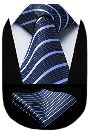 HISDERN Corbata Azul Rayas Hombre Pañuelo Elegante Clásico Modernas Corbatas Y Pañuelos Bolsillo Conjunto Para Boda Fiesta Colegio