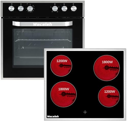 Weceleh Herd mit Keramikkochfeld und Backofen, Einbauherd Herdsets mit Keramikkochfeld, Backofen Set, Edelstahlrahmen, 60 cm, 63 Liter