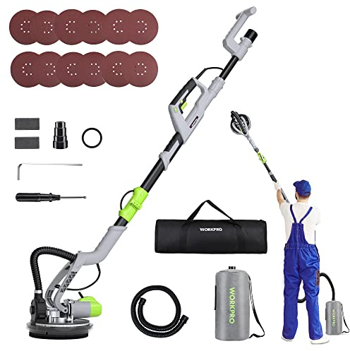 WORKPRO Drywall Sander, 720W Electric Sander with 12Pcs Sanding Discs, 7 Variable Speed 1100-1850 RPM Wall Sander with Extendable Handle, LED Light, Floor and Popcorn Ceiling Removal Tool