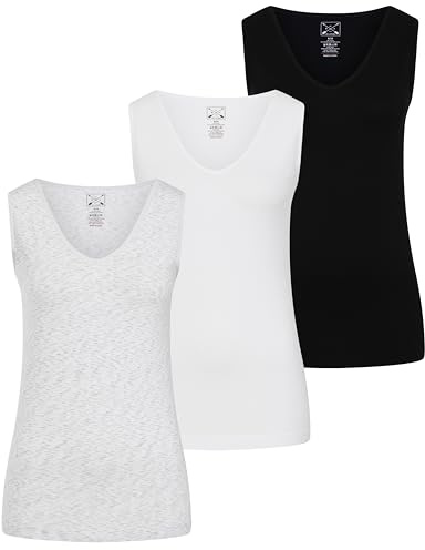 Womens Supersoft Vest Tops Womens Vests Multipack 3 Pack Wide Strap Comfort Seamless Vest Casual Tank Tops for Women UK 8-22 Womens Vests Tops Multipack for Holidays Black White Grey
