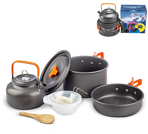 Outdoor Aluminum Camping Cookware Mess Kit, Folding Cookset with Teapot and Pan, Non-Stick Lightweight Pots and Pans, Mesh Storage Bag for Backpacking, Outdoor Cooking and Picnic (Orange)