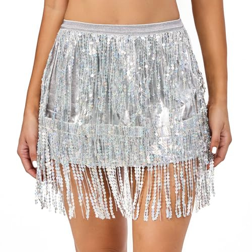 PLIKSUVER Falda de lentejuelas para mujer, con borlas, falda con purpurina, danza del vientre, falda de cadera, carnaval, flecos, falda envolvente con purpurina
