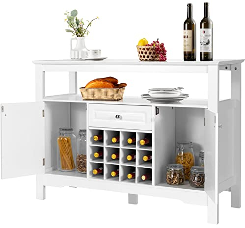 KOMFOTTEU Sideboard Küchenschrank mit Weinflaschen, Buffetschrank Weinschrank Holz, Beistellschrank Küche Kommode 117×40,5×85,5cm für Wohnzimmer Küche Esszimmer (Weiß)