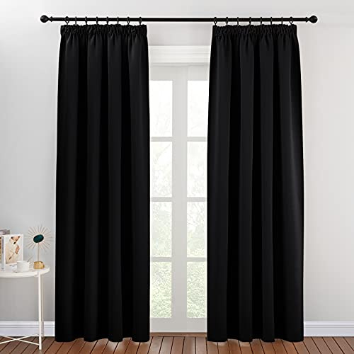 PONY DANCE Blackout Pencil Pleat Curtains, Black, W46 x L84 Inch, 2 Panels | Thermal Insulated Curtains with Noise Reducing & Privacy, Luxury Soft Window Treatment for Bedroom & Living Room