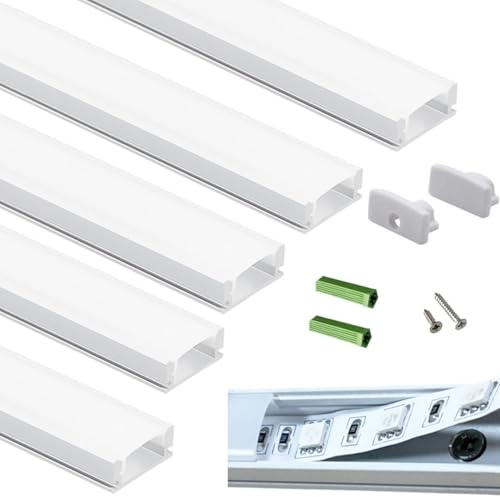 THMOOTHER Matte White 5-Pack 3.28FT Pre-Drilled Clip Free LED Strip U Channel Diffuser, Tight and Flush Mounted Under Cabinet Tape Track Aluminum Low Profile with UV Resistance Milky Cover (5)