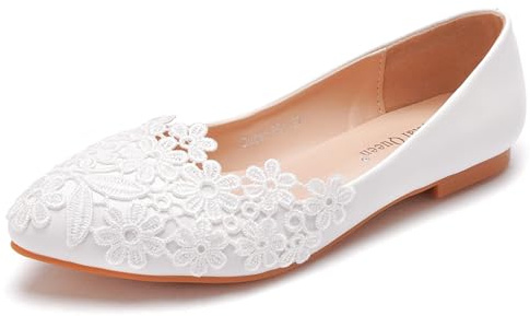 FGRID Chaussures Plates de Ballet pour Femmes, Chaussures de mariée Ballerine découpées en Dentelle Blanche à Bout Pointu, Chaussures Dolly Mariage à Bout fermé Grande Taille,Blanc,38